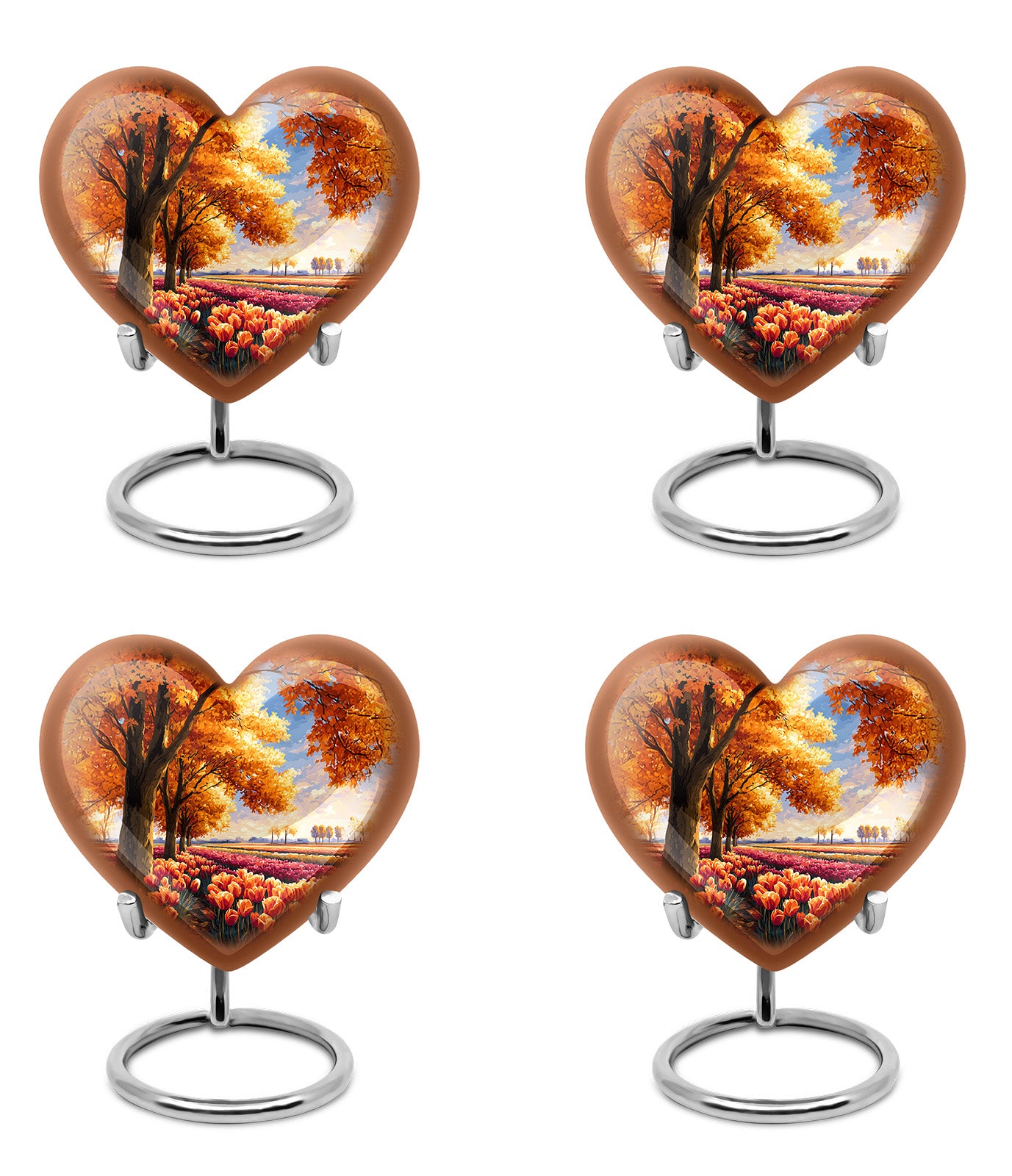 Gilded Gold Garden Tulip Cremation Urn angled view of lid and engraved motif - heart-shaped garden tulip design symbolizing eternal love - 10 inch aluminum urn for cremated remains