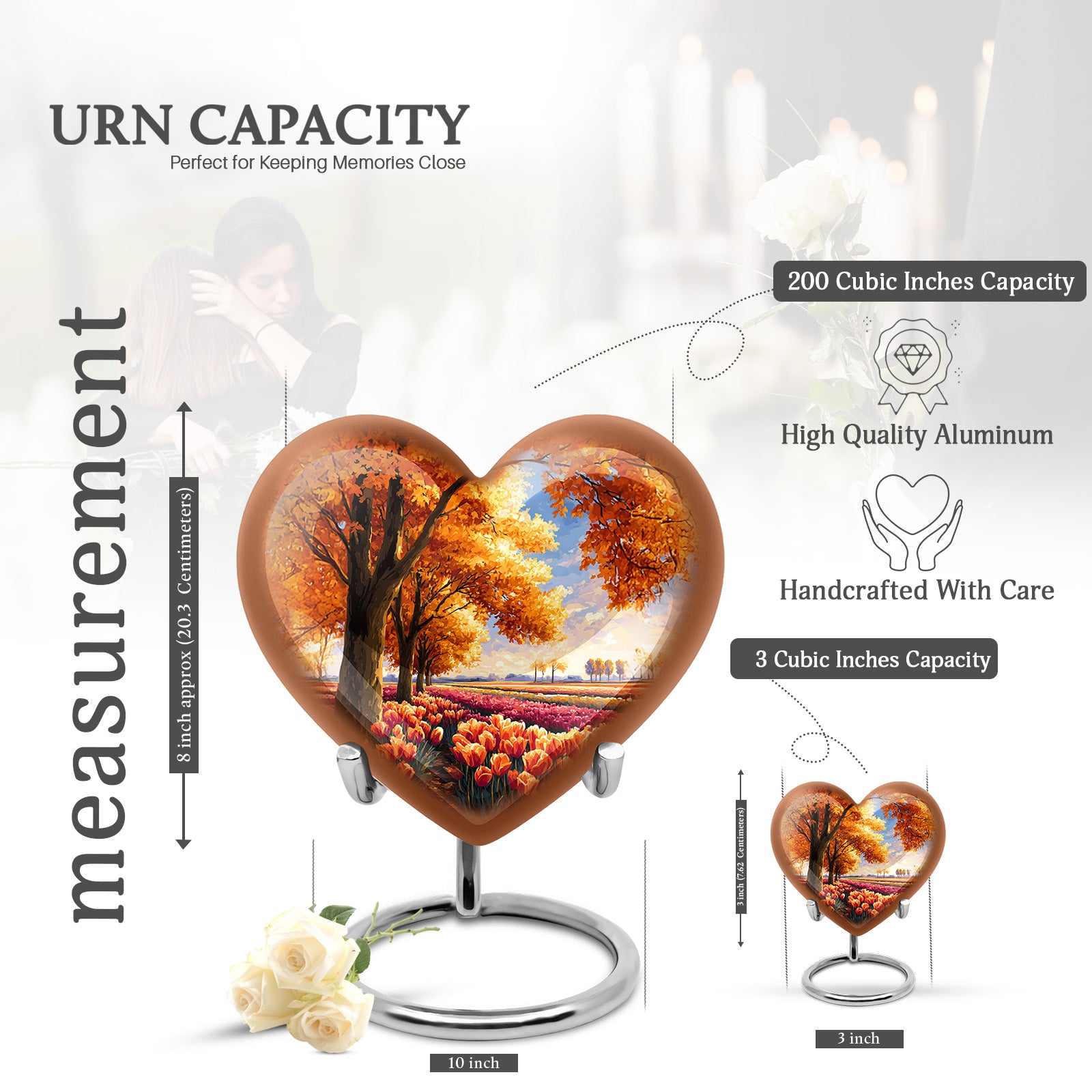 Warm Gold Garden Tulip Cremation Urn front view showing detailed design - romantic heart urn with garden tulip motif on aluminum - mini keepsake memorial for portion of cremation ashes