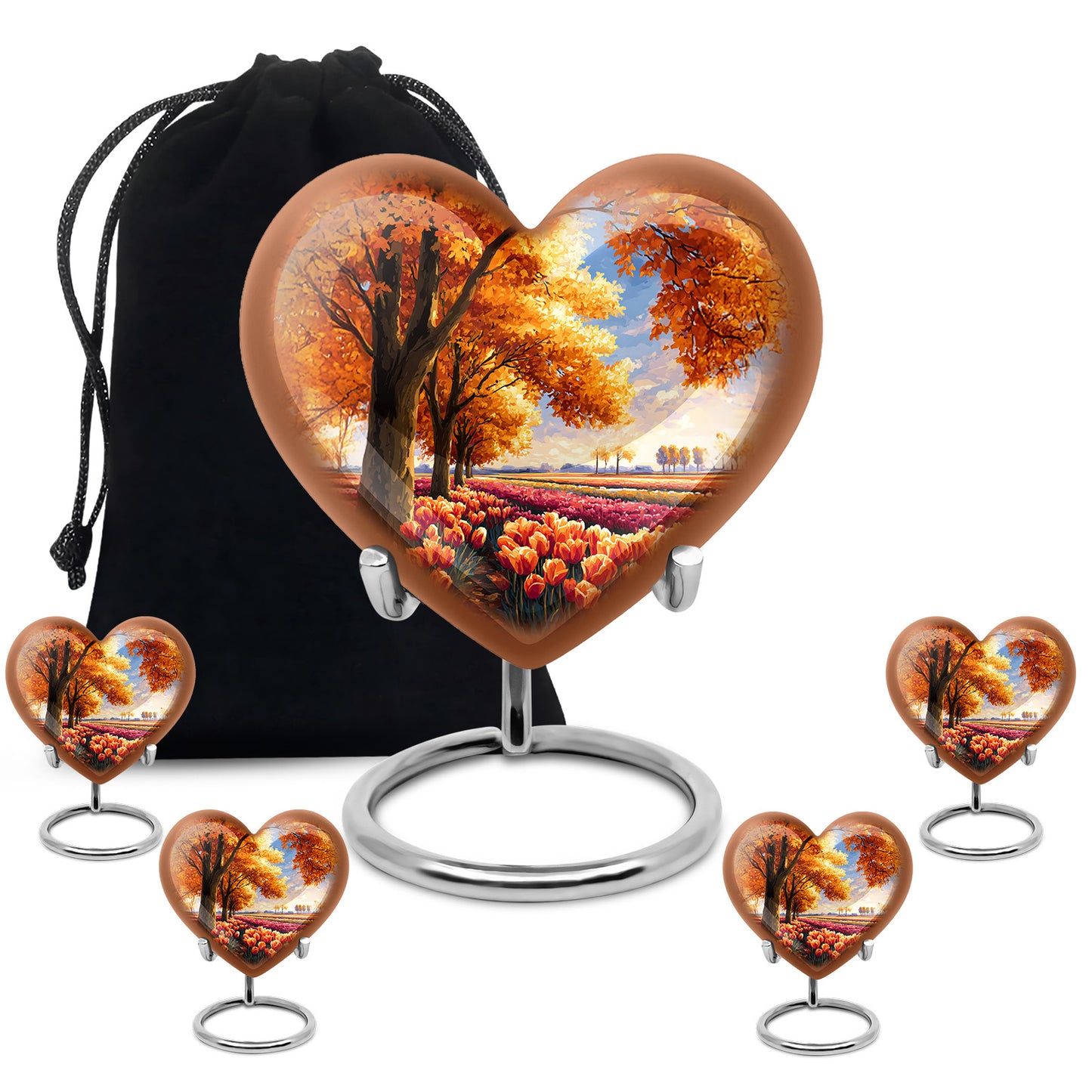 Royal Gold Garden Tulip Cremation Urn close-up of engraving and surface detail - romantic heart urn with garden tulip motif on aluminum - memorial set with one large and four small urns