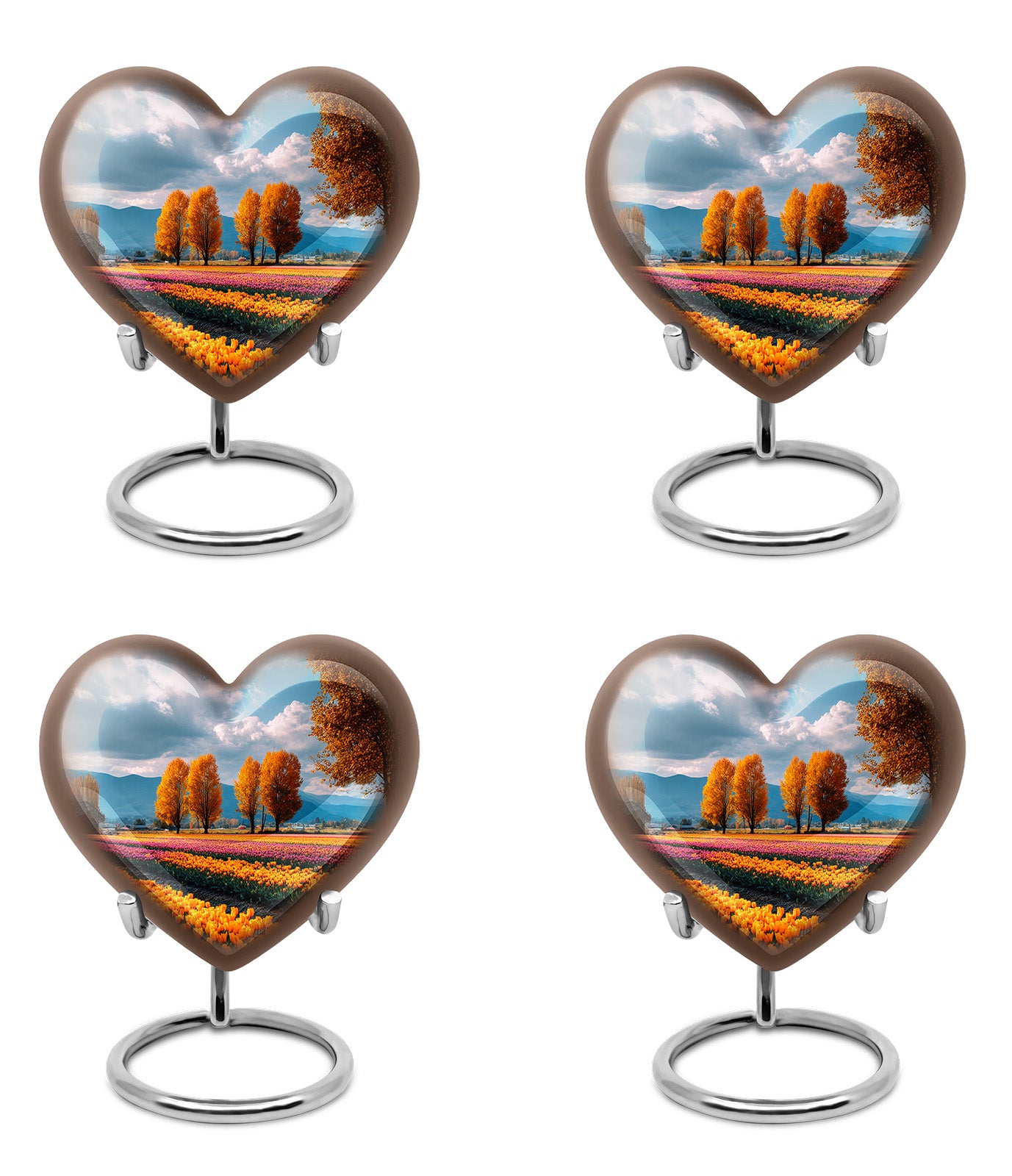 Cobalt Blue Garden Tulip Cremation Urn angled view of lid and engraved motif - romantic heart urn with garden tulip motif on aluminum - 10 inch aluminum urn for cremated remains