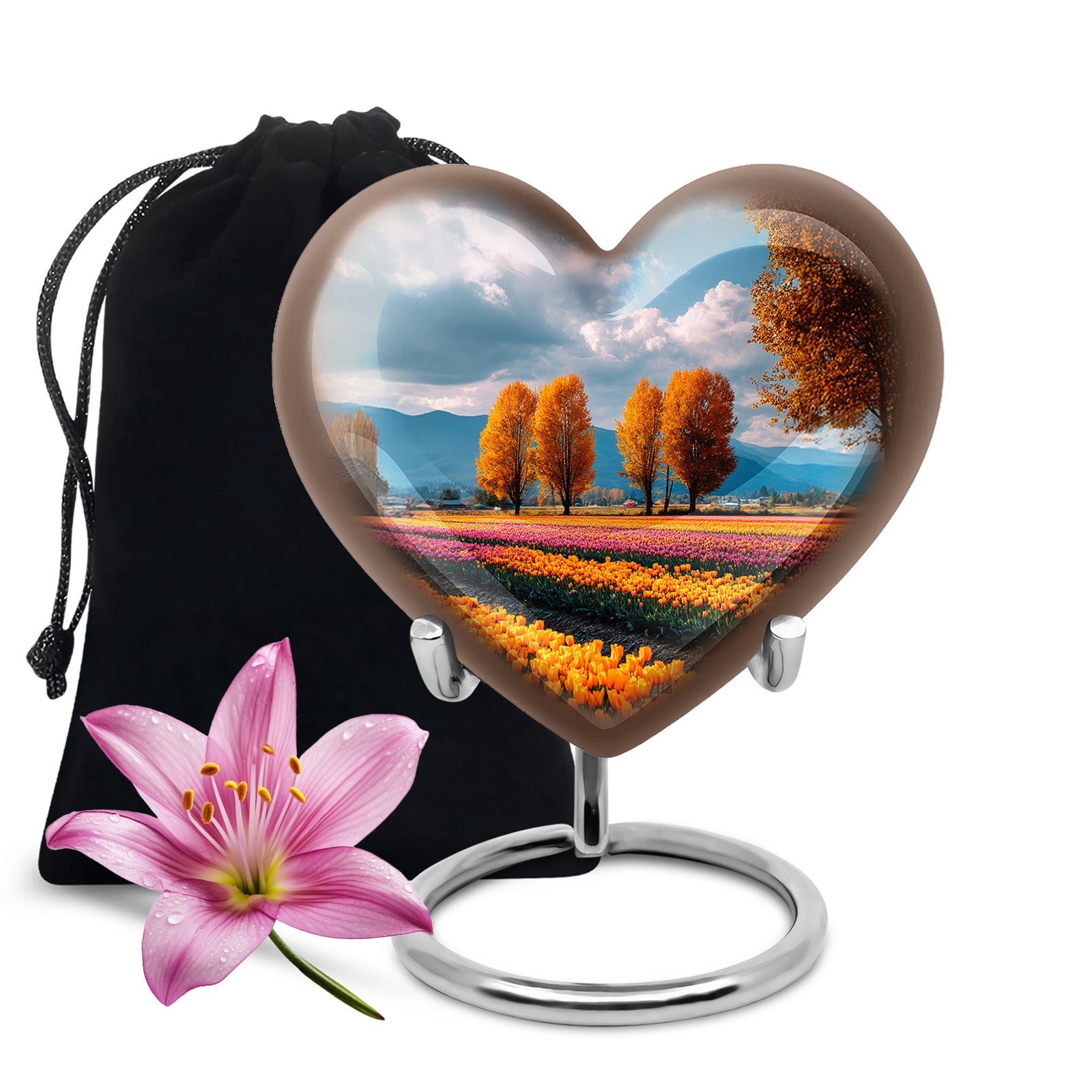 Navy Blue Garden Tulip Cremation Urn detail view - loving heart memorial featuring garden tulip pattern - full-size 10 inch 200 cubic inch adult cremation urn