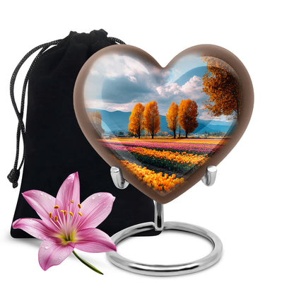Navy Blue Garden Tulip Cremation Urn detail view - loving heart memorial featuring garden tulip pattern - full-size 10 inch 200 cubic inch adult cremation urn