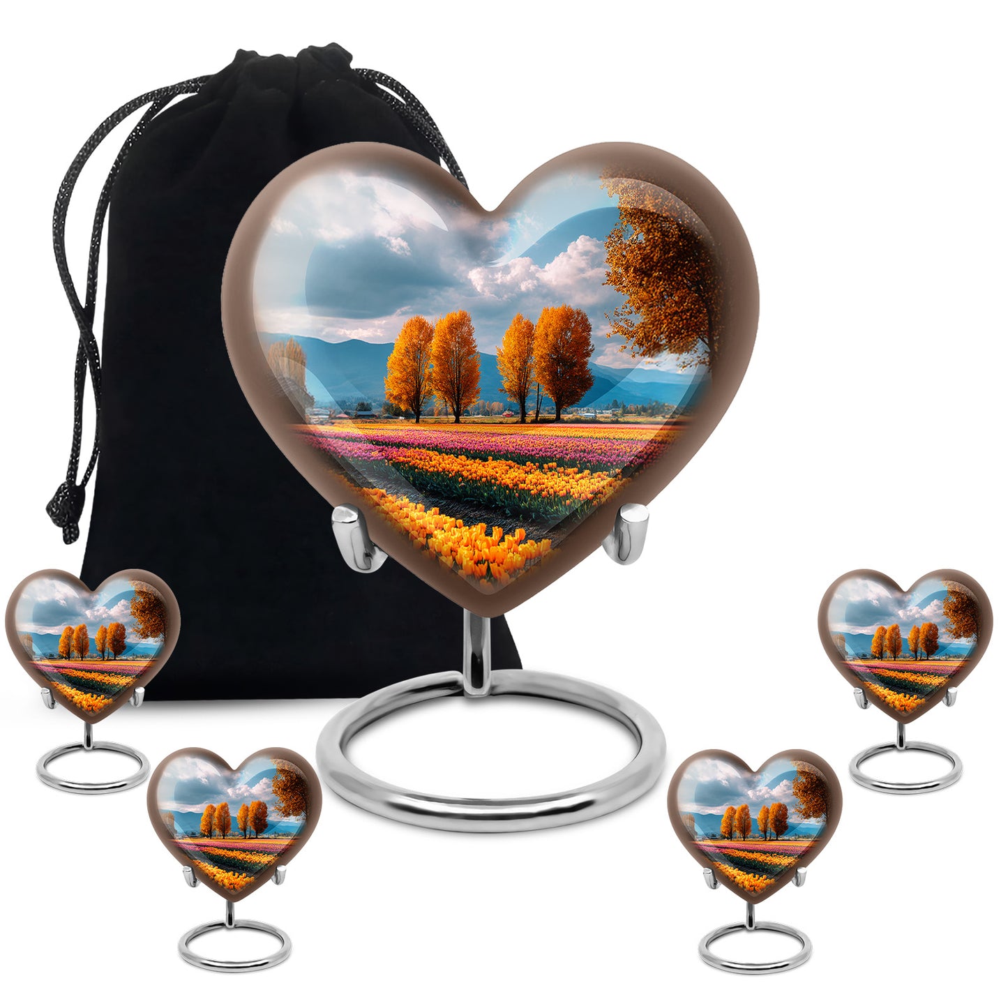 Sapphire Blue Garden Tulip Cremation Urn close-up of engraving and surface detail - compassionate heart-garden tulip combination with gentle curves - memorial set with one large and four small urns