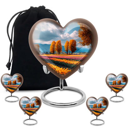 Sapphire Blue Garden Tulip Cremation Urn close-up of engraving and surface detail - compassionate heart-garden tulip combination with gentle curves - memorial set with one large and four small urns