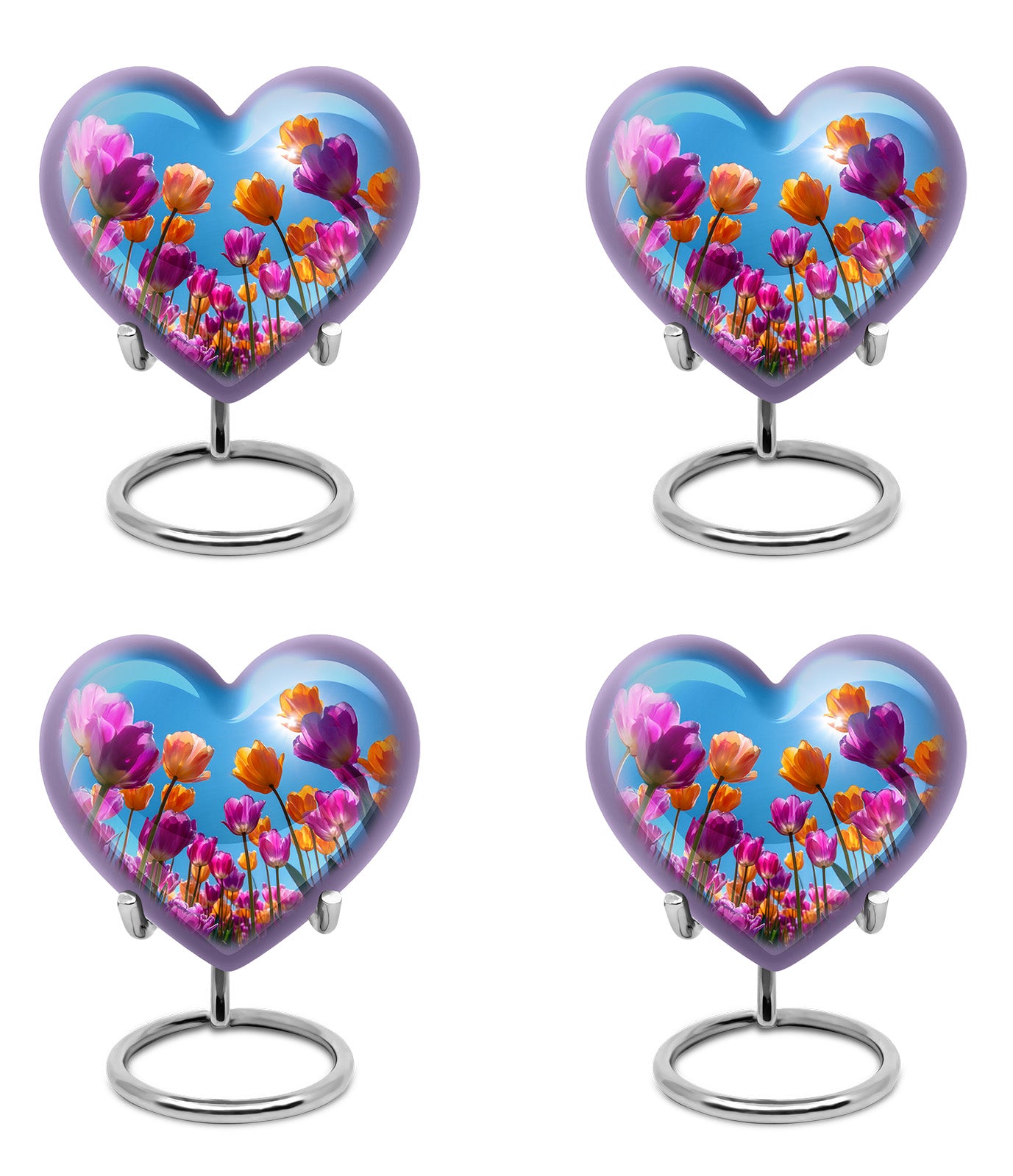 Sapphire Blue Garden Tulip Cremation Urn angled view of lid and engraved motif - compassionate heart-garden tulip combination with gentle curves - 10 inch aluminum urn for cremated remains