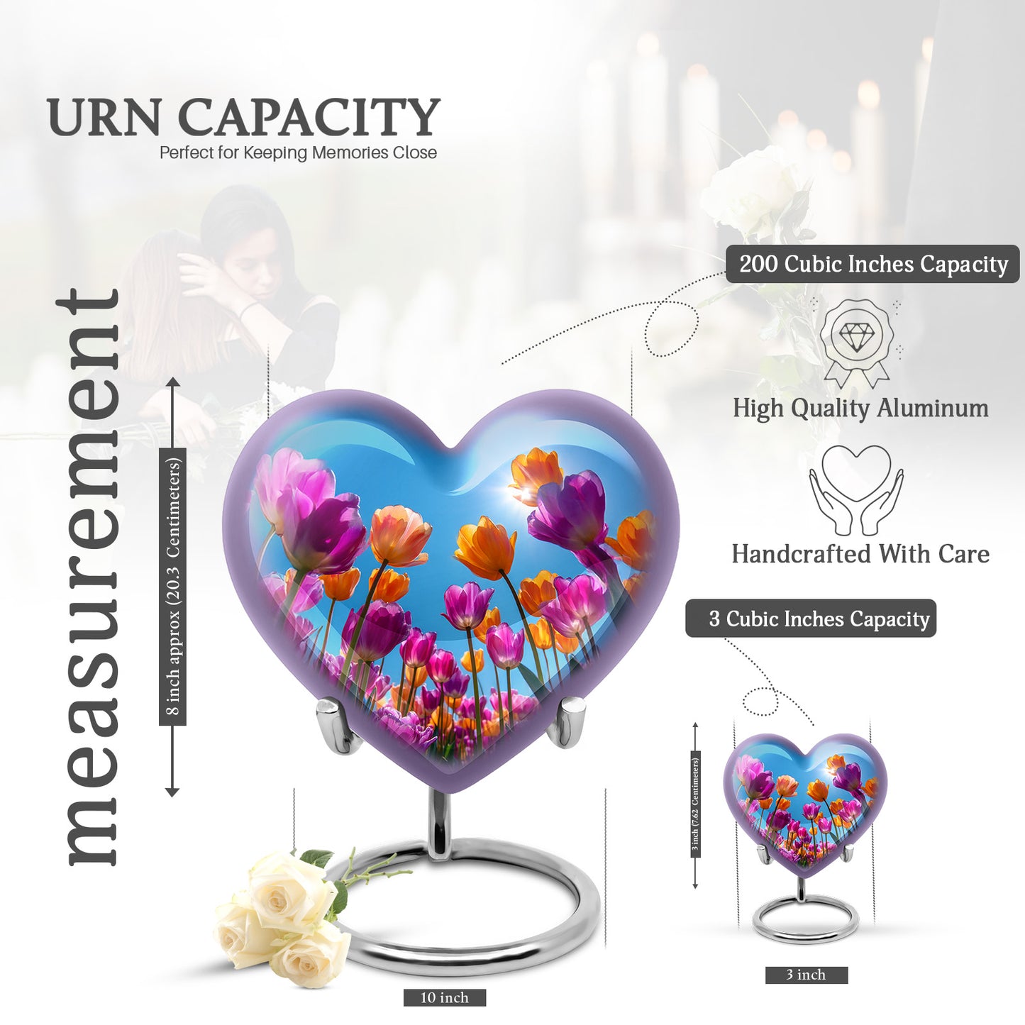 Cornflower Blue Garden Tulip Cremation Urn front view showing detailed design - romantic heart urn with garden tulip motif on aluminum - mini keepsake memorial for portion of cremation ashes