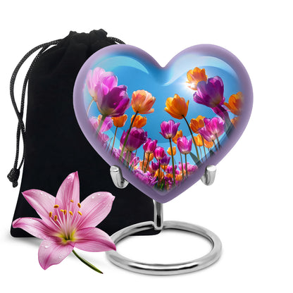 Sapphire Blue Garden Tulip Cremation Urn detail view - romantic heart urn with garden tulip motif on aluminum - full-size 10 inch 200 cubic inch adult cremation urn