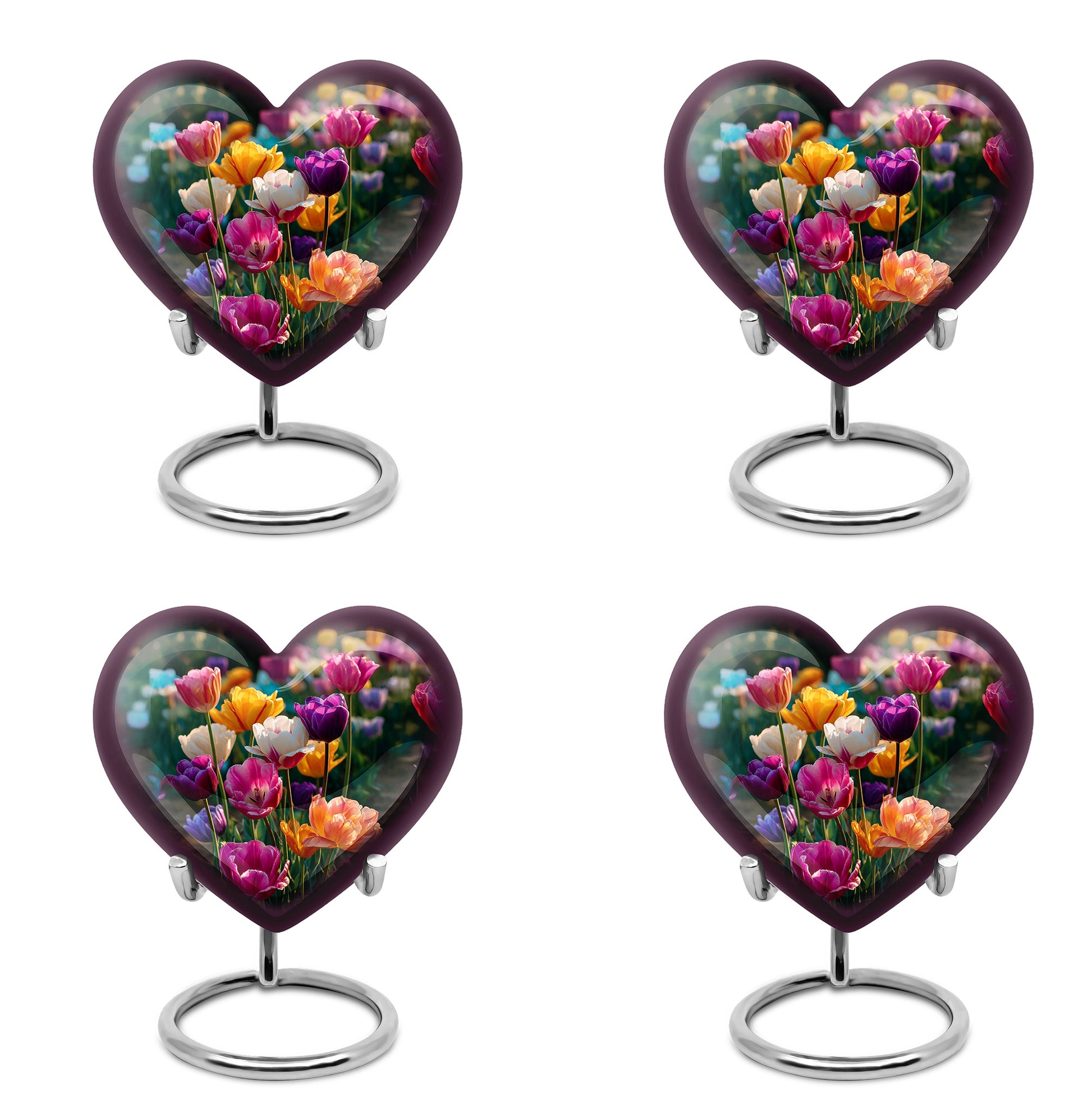 Verdant Green Garden Tulip Cremation Urn angled view of lid and engraved motif - loving heart memorial featuring garden tulip pattern - 10 inch aluminum urn for cremated remains