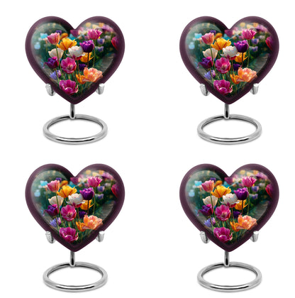 Verdant Green Garden Tulip Cremation Urn angled view of lid and engraved motif - loving heart memorial featuring garden tulip pattern - 10 inch aluminum urn for cremated remains