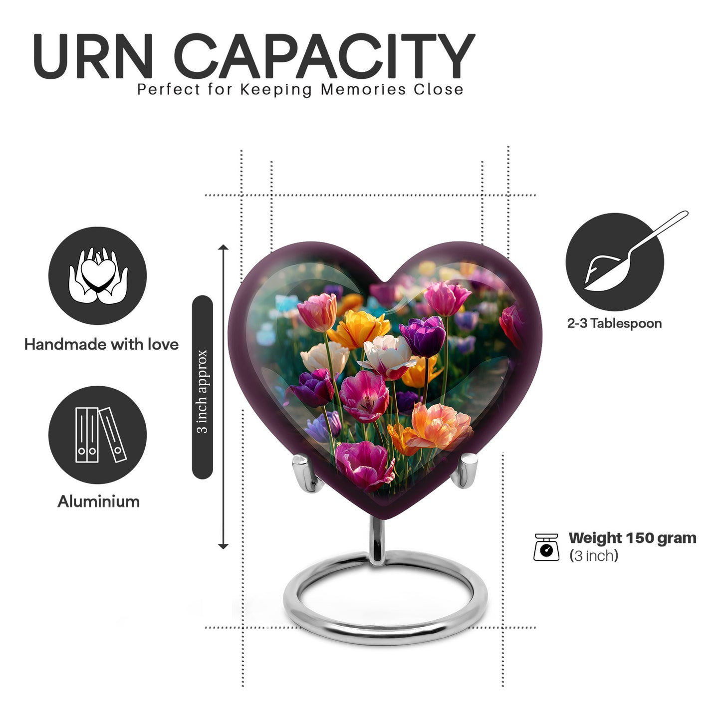 Verdant Green Garden Tulip Cremation Urn front view showing detailed design - loving heart memorial featuring garden tulip pattern - mini keepsake memorial for portion of cremation ashes