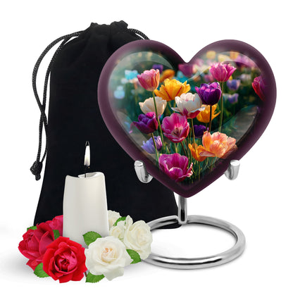 Emerald Green Garden Tulip Cremation Urn detail view - loving heart memorial featuring garden tulip pattern - full-size 10 inch 200 cubic inch adult cremation urn