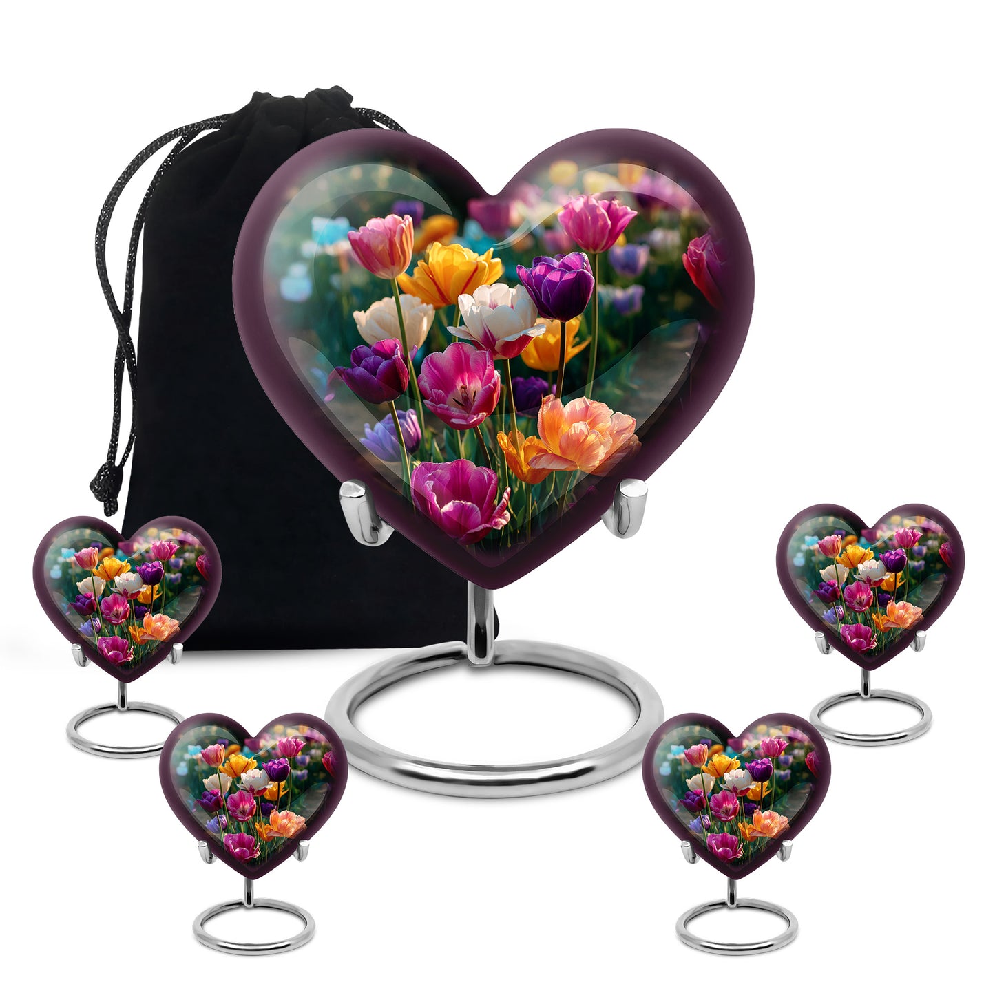 Hunter Green Garden Tulip Cremation Urn close-up of engraving and surface detail - romantic heart urn with garden tulip motif on aluminum - memorial set with one large and four small urns