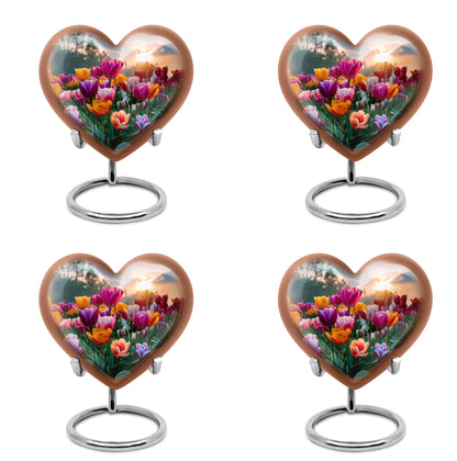 Sapphire Blue Garden Tulip Cremation Urn angled view of lid and engraved motif - romantic heart urn with garden tulip motif on aluminum - 10 inch aluminum urn for cremated remains