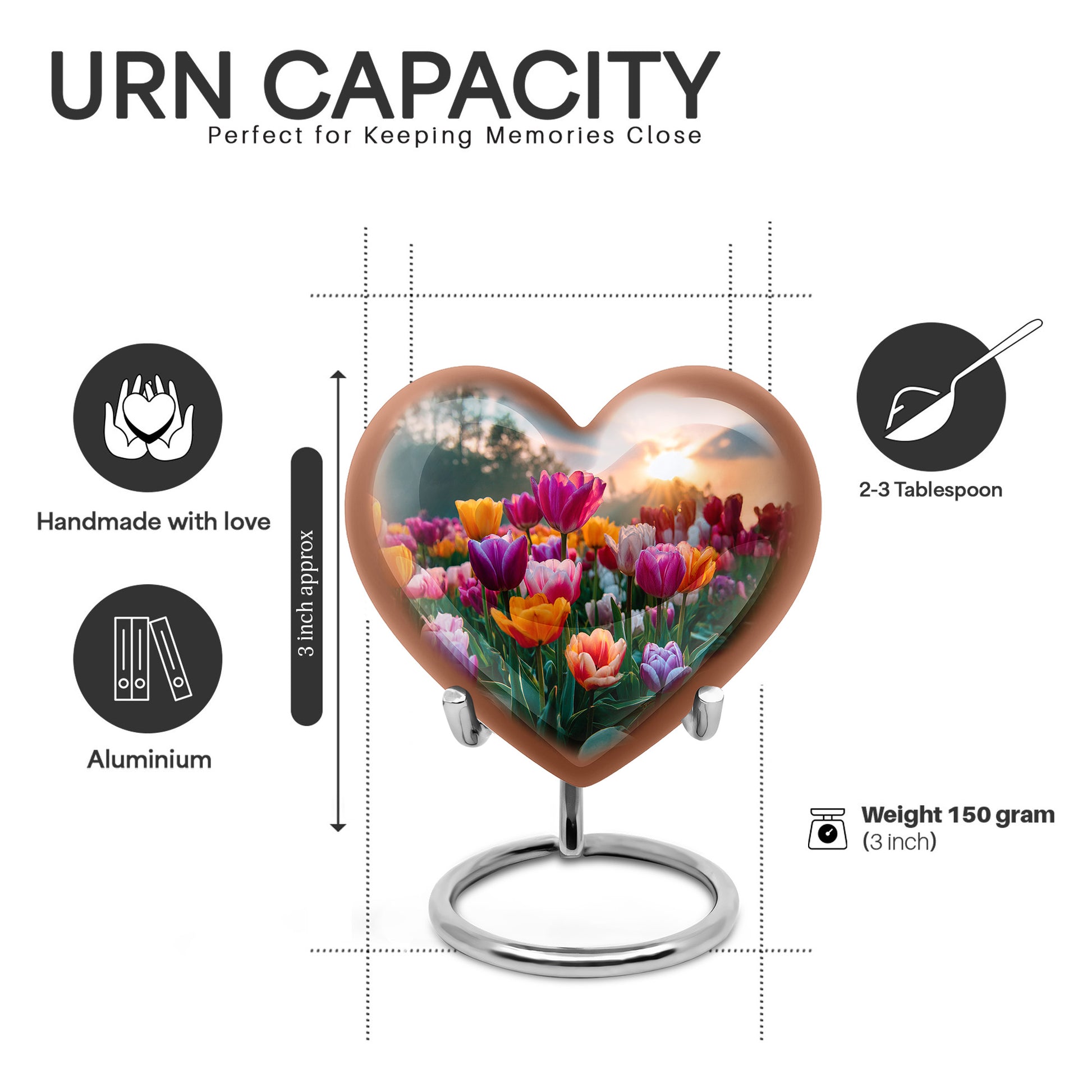 Icy Blue Garden Tulip Cremation Urn front view showing detailed design - loving heart memorial featuring garden tulip pattern - mini keepsake memorial for portion of cremation ashes