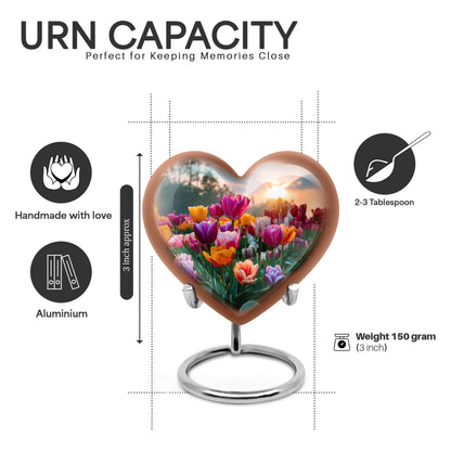 Icy Blue Garden Tulip Cremation Urn front view showing detailed design - loving heart memorial featuring garden tulip pattern - mini keepsake memorial for portion of cremation ashes