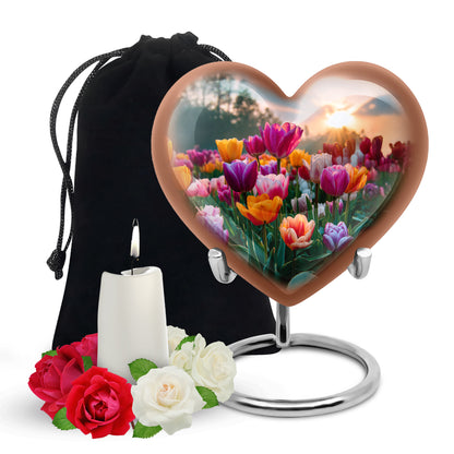 Misty Blue Garden Tulip Cremation Urn detail view - loving heart memorial featuring garden tulip pattern - full-size 10 inch 200 cubic inch adult cremation urn