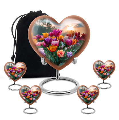 Dusty Blue Garden Tulip Cremation Urn close-up of engraving and surface detail - heart-shaped garden tulip design symbolizing eternal love - memorial set with one large and four small urns