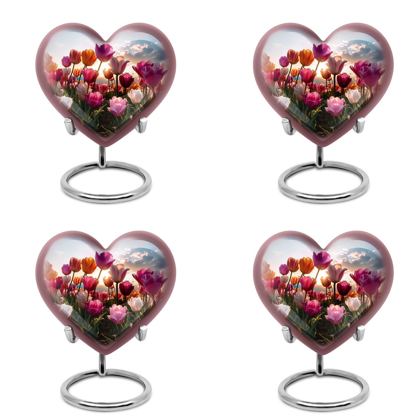 Misty Blue Garden Tulip Cremation Urn angled view of lid and engraved motif - heart-shaped garden tulip design symbolizing eternal love - 10 inch aluminum urn for cremated remains
