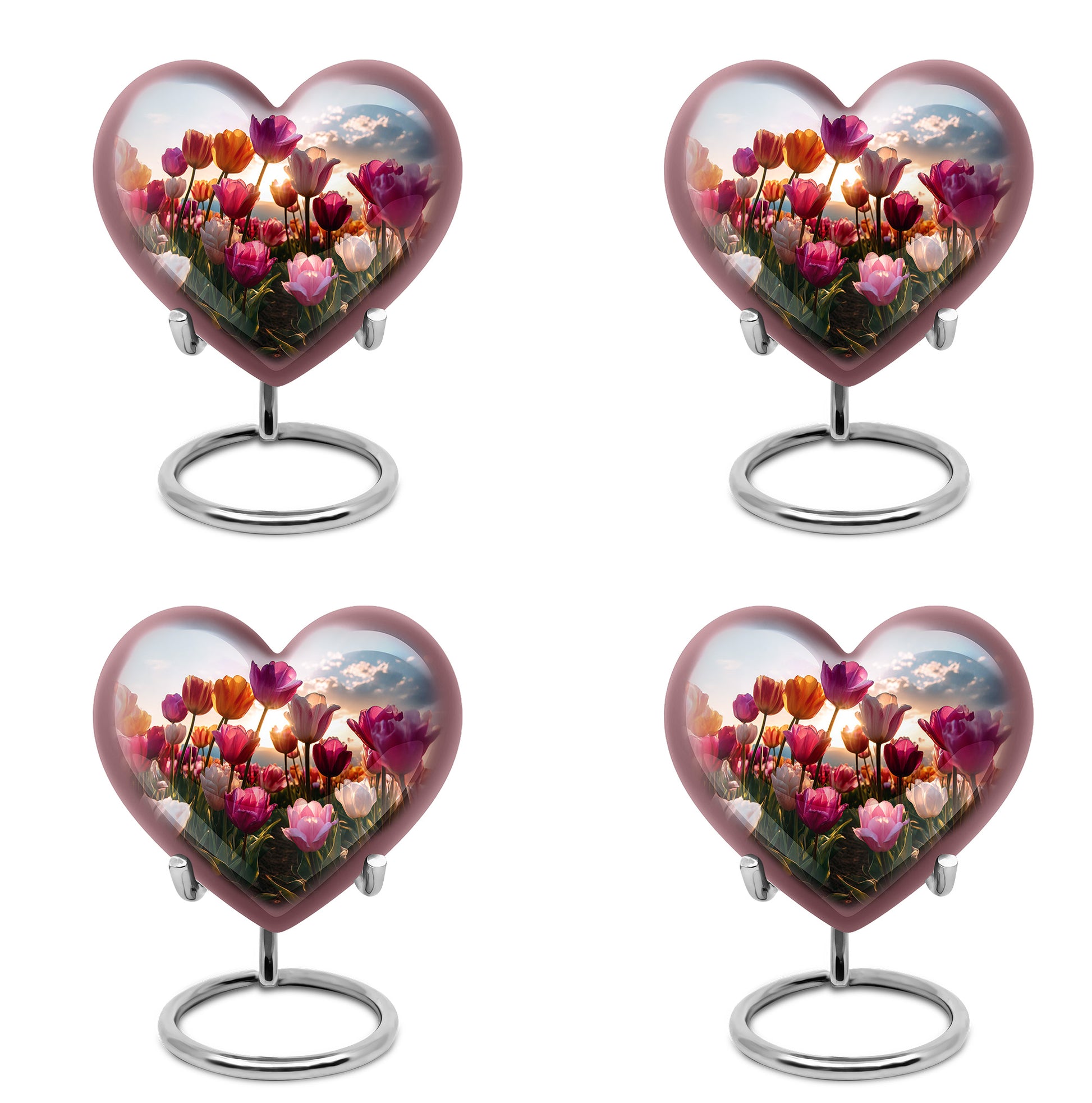 Misty Blue Garden Tulip Cremation Urn angled view of lid and engraved motif - heart-shaped garden tulip design symbolizing eternal love - 10 inch aluminum urn for cremated remains