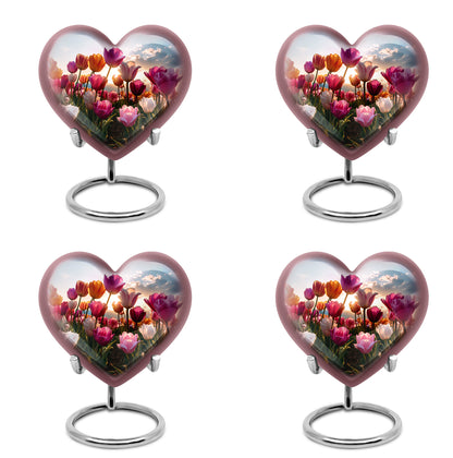 Misty Blue Garden Tulip Cremation Urn angled view of lid and engraved motif - heart-shaped garden tulip design symbolizing eternal love - 10 inch aluminum urn for cremated remains