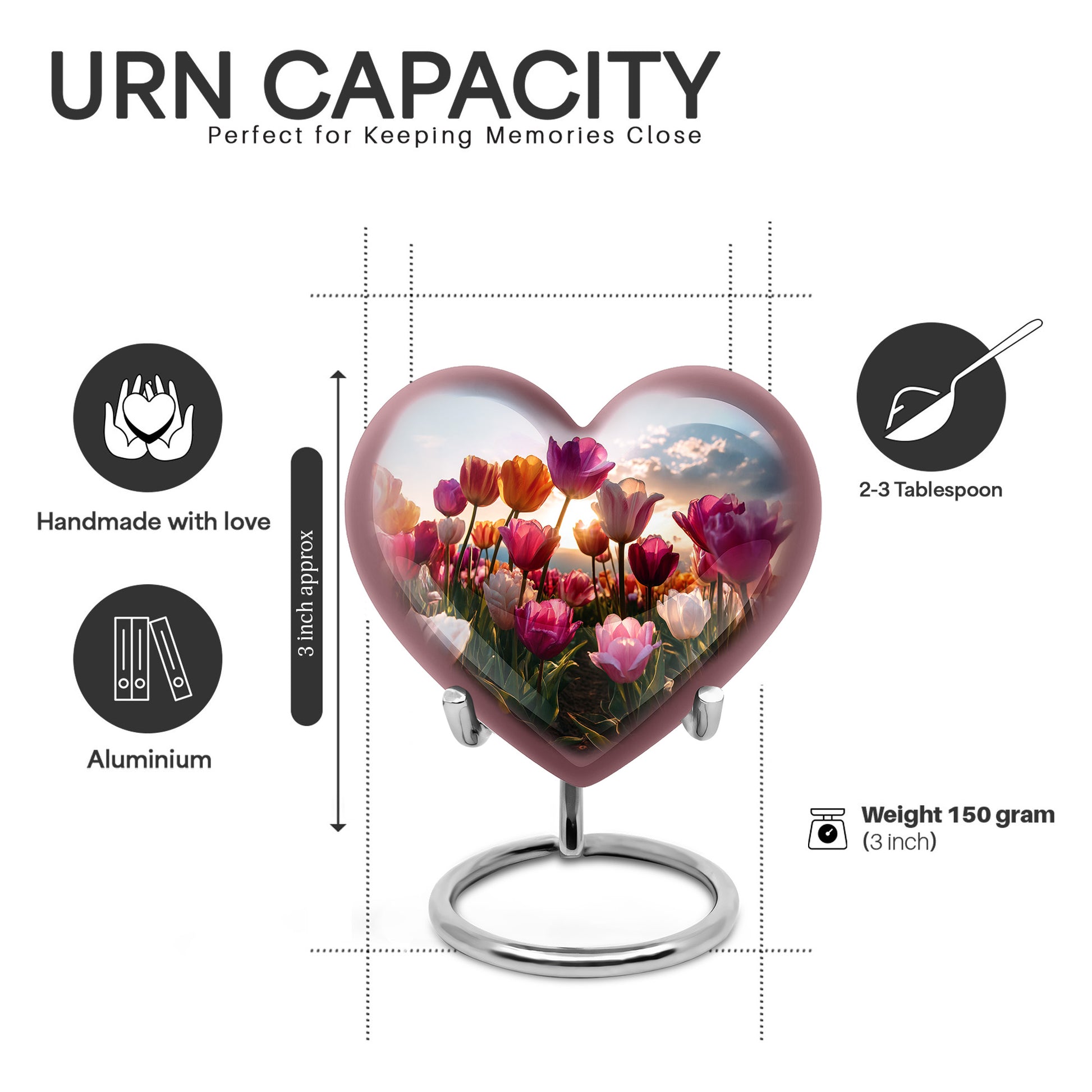 Steel Blue Garden Tulip Cremation Urn front view showing detailed design - romantic heart urn with garden tulip motif on aluminum - mini keepsake memorial for portion of cremation ashes
