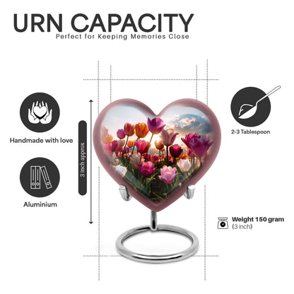 Steel Blue Garden Tulip Cremation Urn front view showing detailed design - romantic heart urn with garden tulip motif on aluminum - mini keepsake memorial for portion of cremation ashes