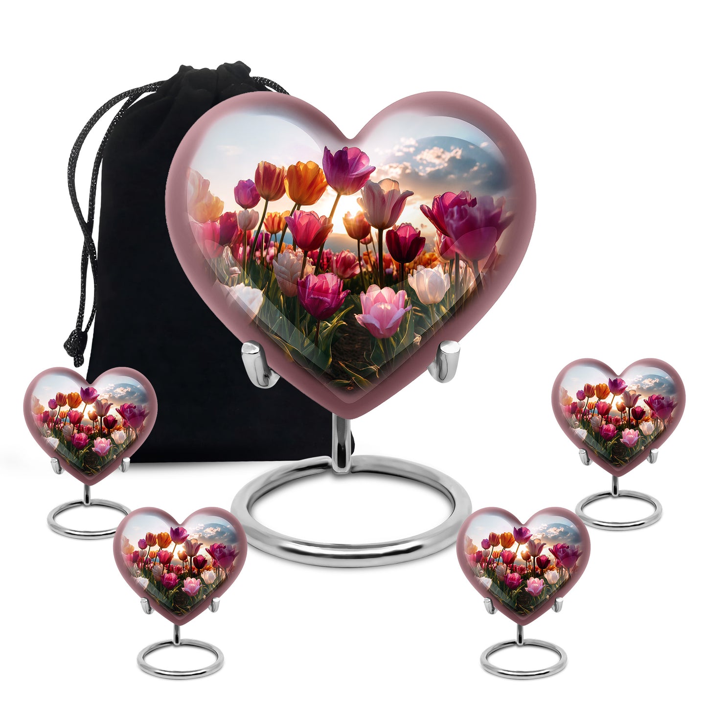 Cobalt Blue Garden Tulip Cremation Urn close-up of engraving and surface detail - romantic heart urn with garden tulip motif on aluminum - memorial set with one large and four small urns