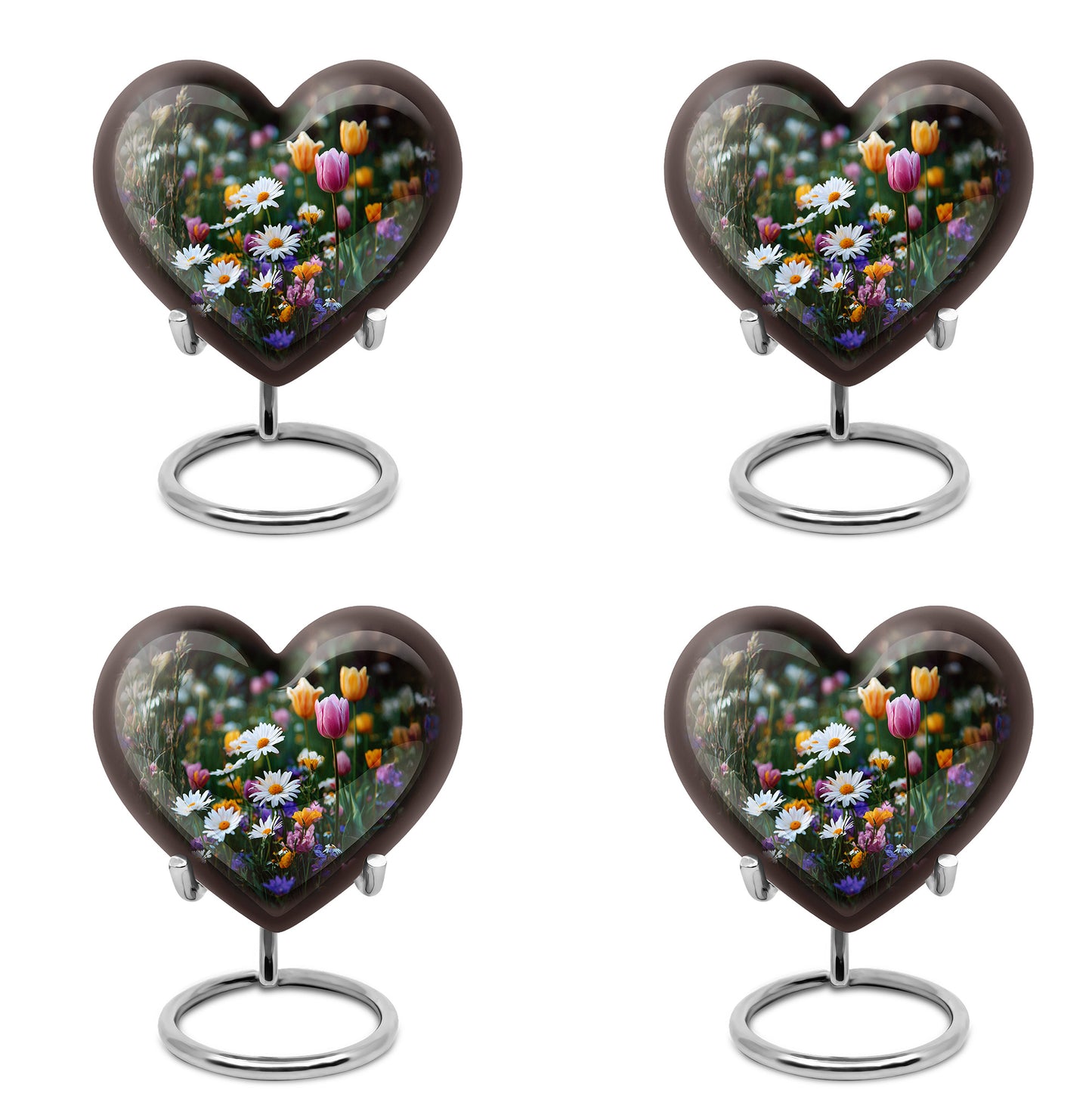 Ebony Garden Tulip Cremation Urn angled view of lid and engraved motif - loving heart memorial featuring garden tulip pattern - 10 inch aluminum urn for cremated remains