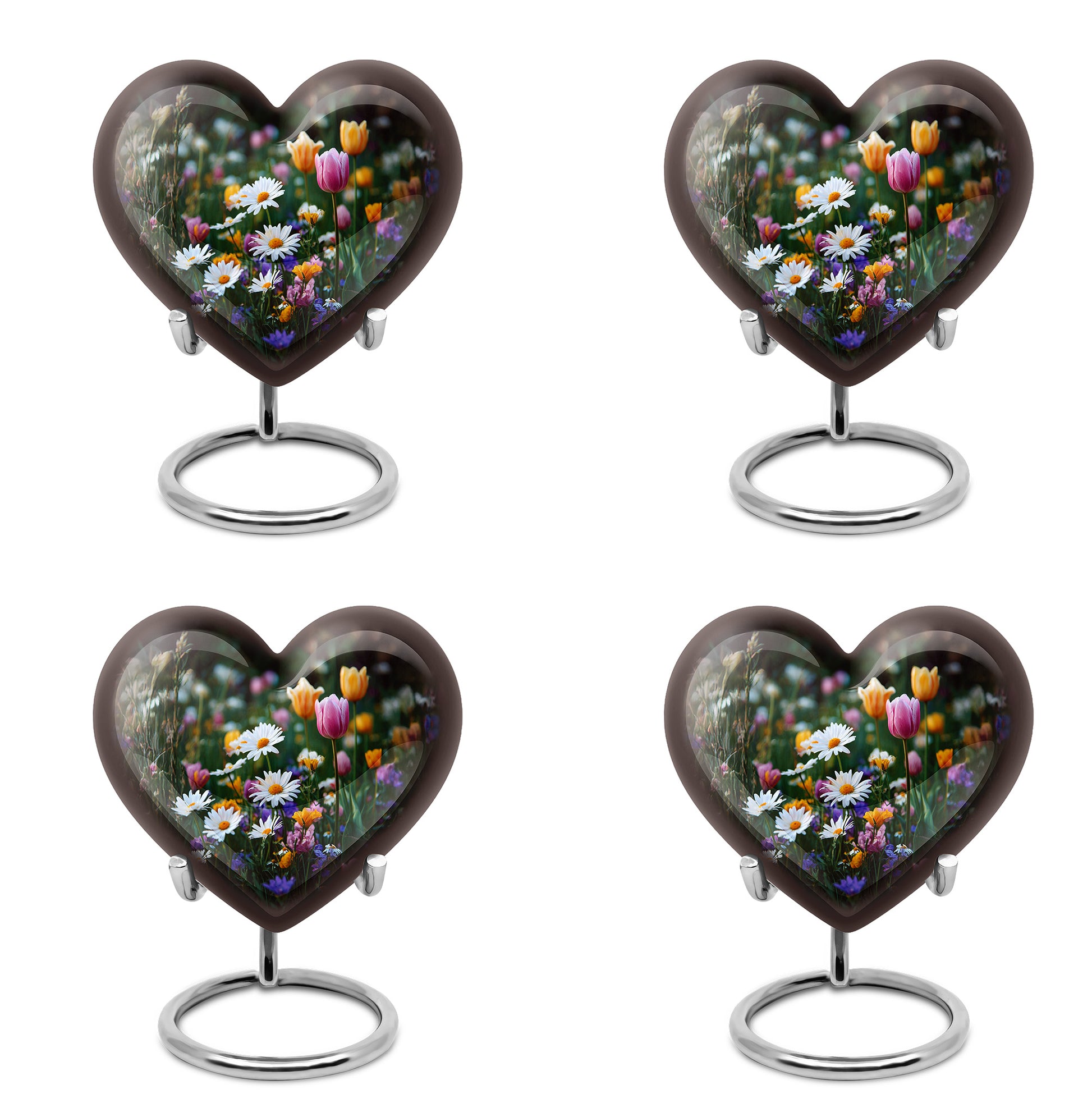 Ebony Garden Tulip Cremation Urn angled view of lid and engraved motif - loving heart memorial featuring garden tulip pattern - 10 inch aluminum urn for cremated remains