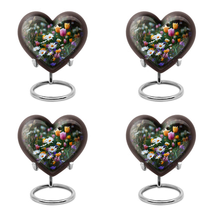 Ebony Garden Tulip Cremation Urn angled view of lid and engraved motif - loving heart memorial featuring garden tulip pattern - 10 inch aluminum urn for cremated remains