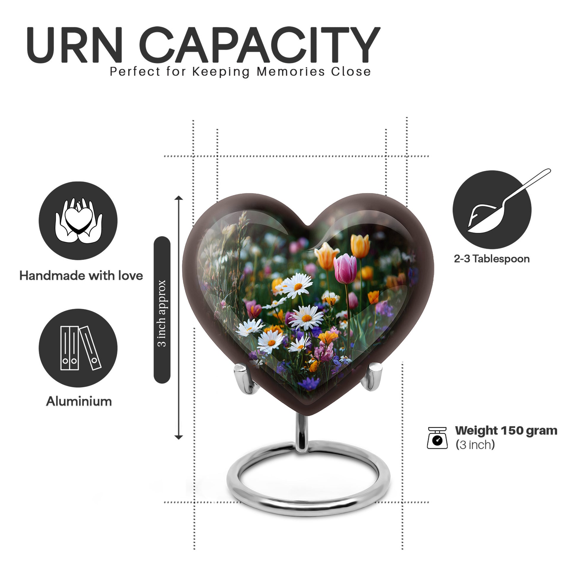 Charcoal Black Garden Tulip Cremation Urn front view showing detailed design - compassionate heart-garden tulip combination with gentle curves - mini keepsake memorial for portion of cremation ashes