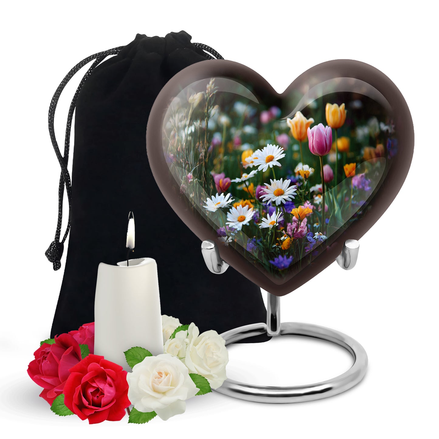 Rich Black Garden Tulip Cremation Urn detail view - heart-shaped garden tulip design symbolizing eternal love - full-size 10 inch 200 cubic inch adult cremation urn