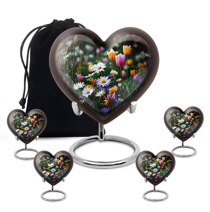 Jet Black Garden Tulip Cremation Urn close-up of engraving and surface detail - loving heart memorial featuring garden tulip pattern - memorial set with one large and four small urns
