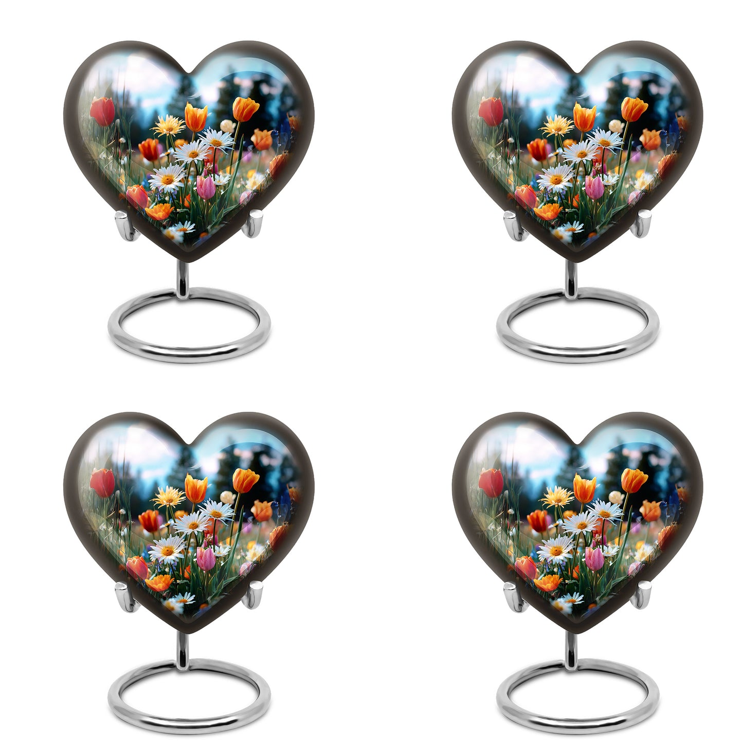 Vivid Blue Garden Tulip Cremation Urn angled view of lid and engraved motif - compassionate heart-garden tulip combination with gentle curves - 10 inch aluminum urn for cremated remains