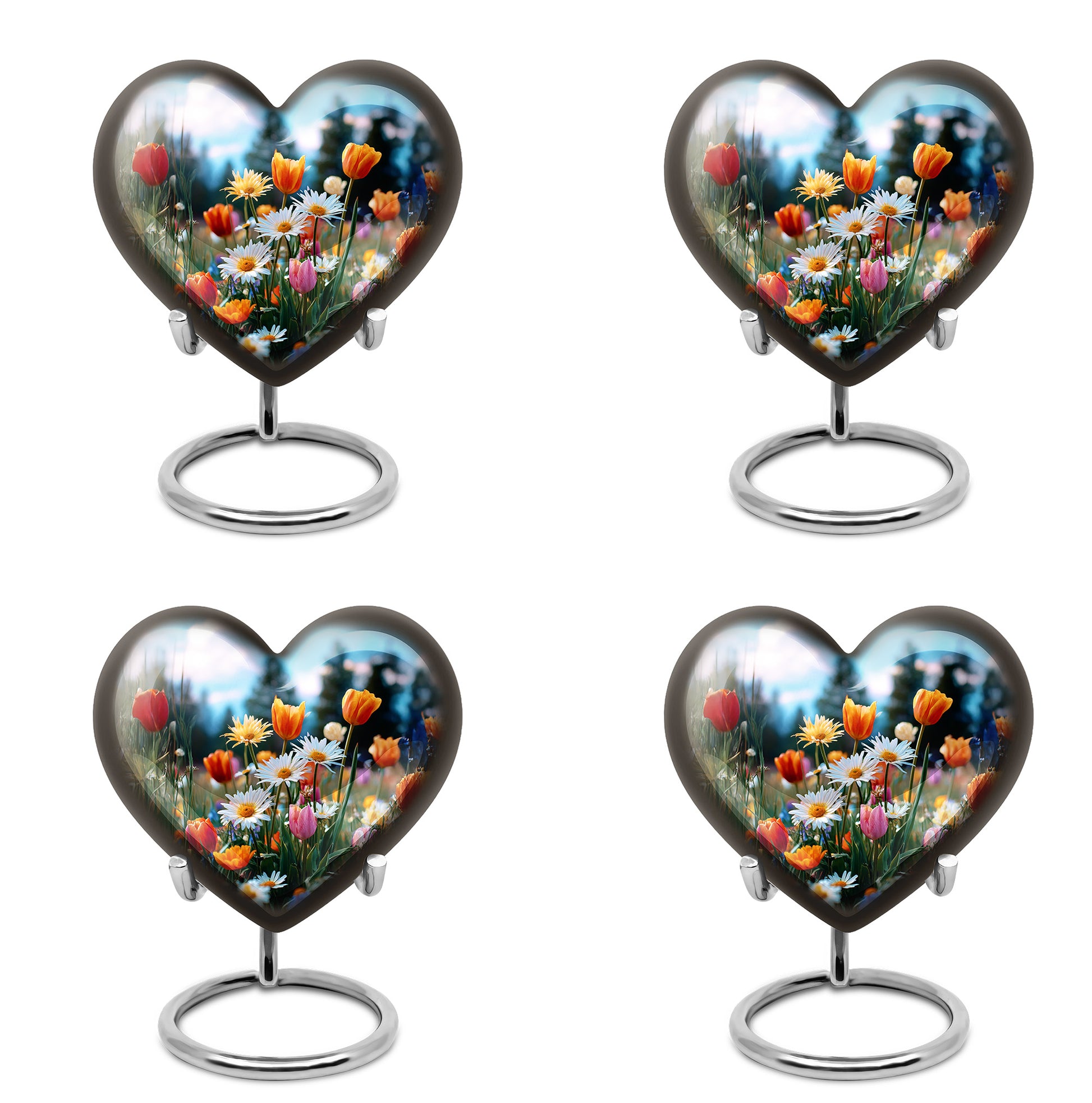 Vivid Blue Garden Tulip Cremation Urn angled view of lid and engraved motif - compassionate heart-garden tulip combination with gentle curves - 10 inch aluminum urn for cremated remains