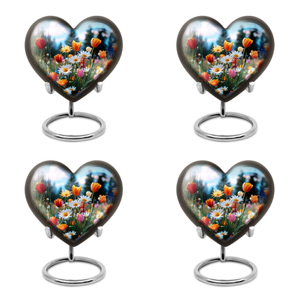 Vivid Blue Garden Tulip Cremation Urn angled view of lid and engraved motif - compassionate heart-garden tulip combination with gentle curves - 10 inch aluminum urn for cremated remains