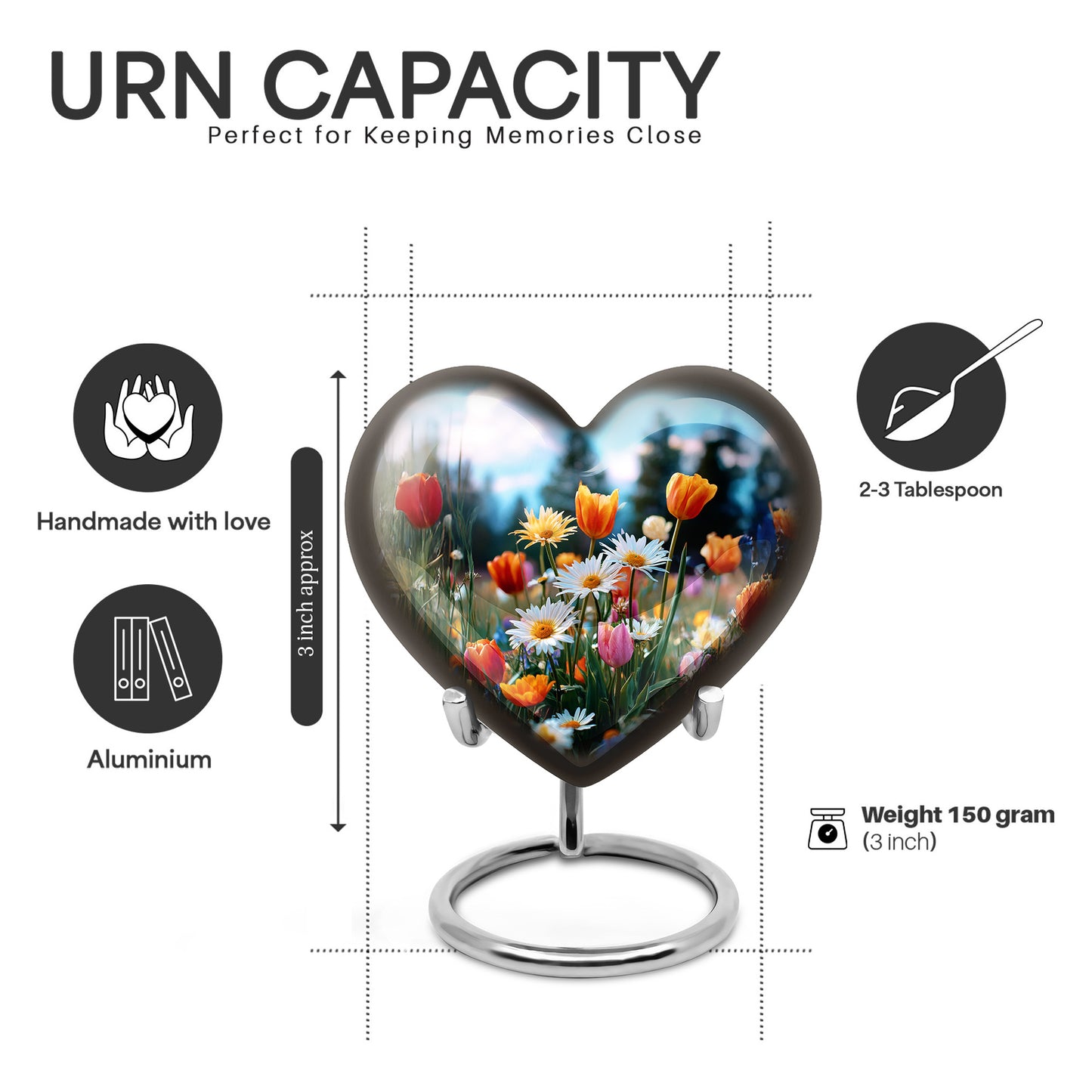 Calming Blue Garden Tulip Cremation Urn front view showing detailed design - romantic heart urn with garden tulip motif on aluminum - mini keepsake memorial for portion of cremation ashes