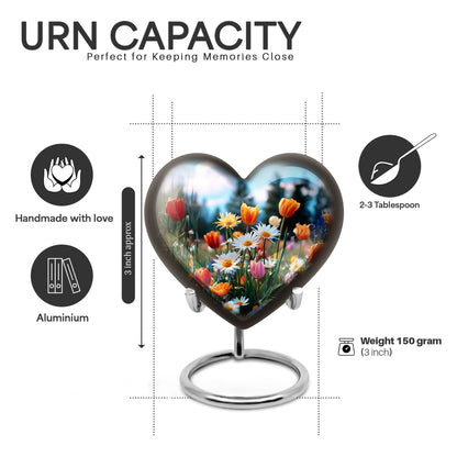 Calming Blue Garden Tulip Cremation Urn front view showing detailed design - romantic heart urn with garden tulip motif on aluminum - mini keepsake memorial for portion of cremation ashes