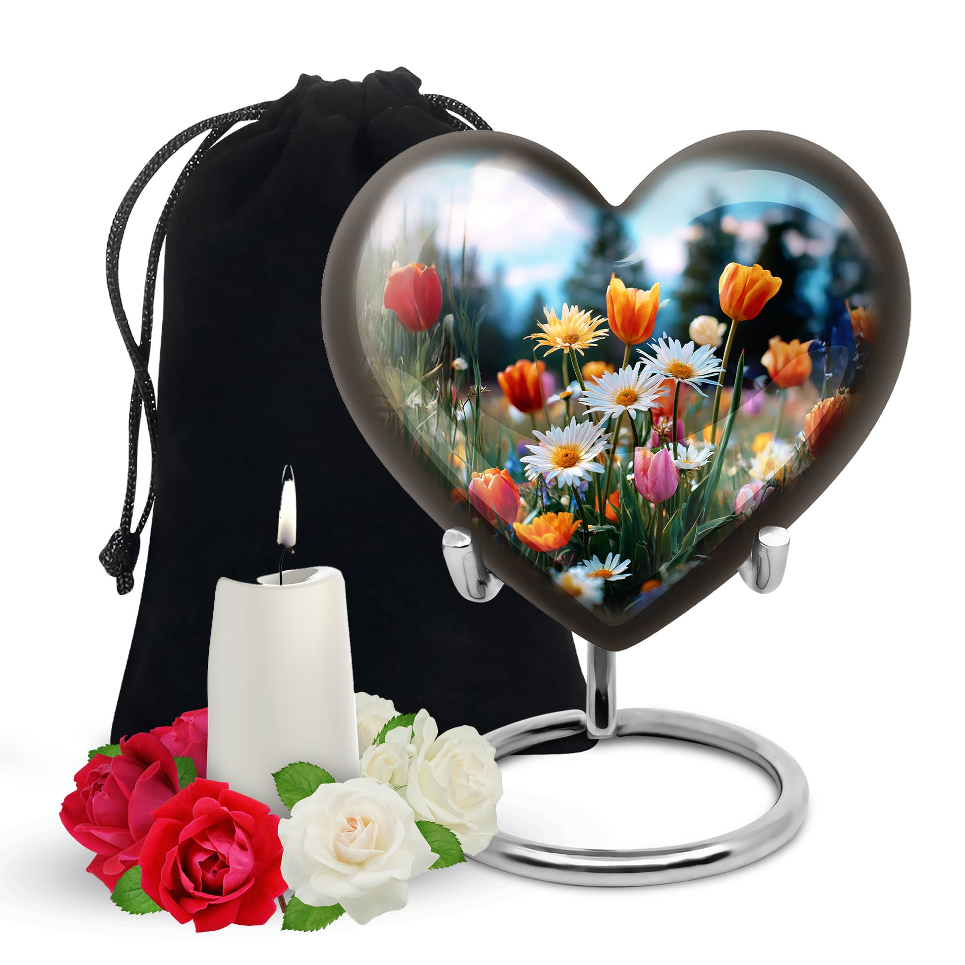 Dusty Blue Garden Tulip Cremation Urn detail view - heart-shaped garden tulip design symbolizing eternal love - full-size 10 inch 200 cubic inch adult cremation urn