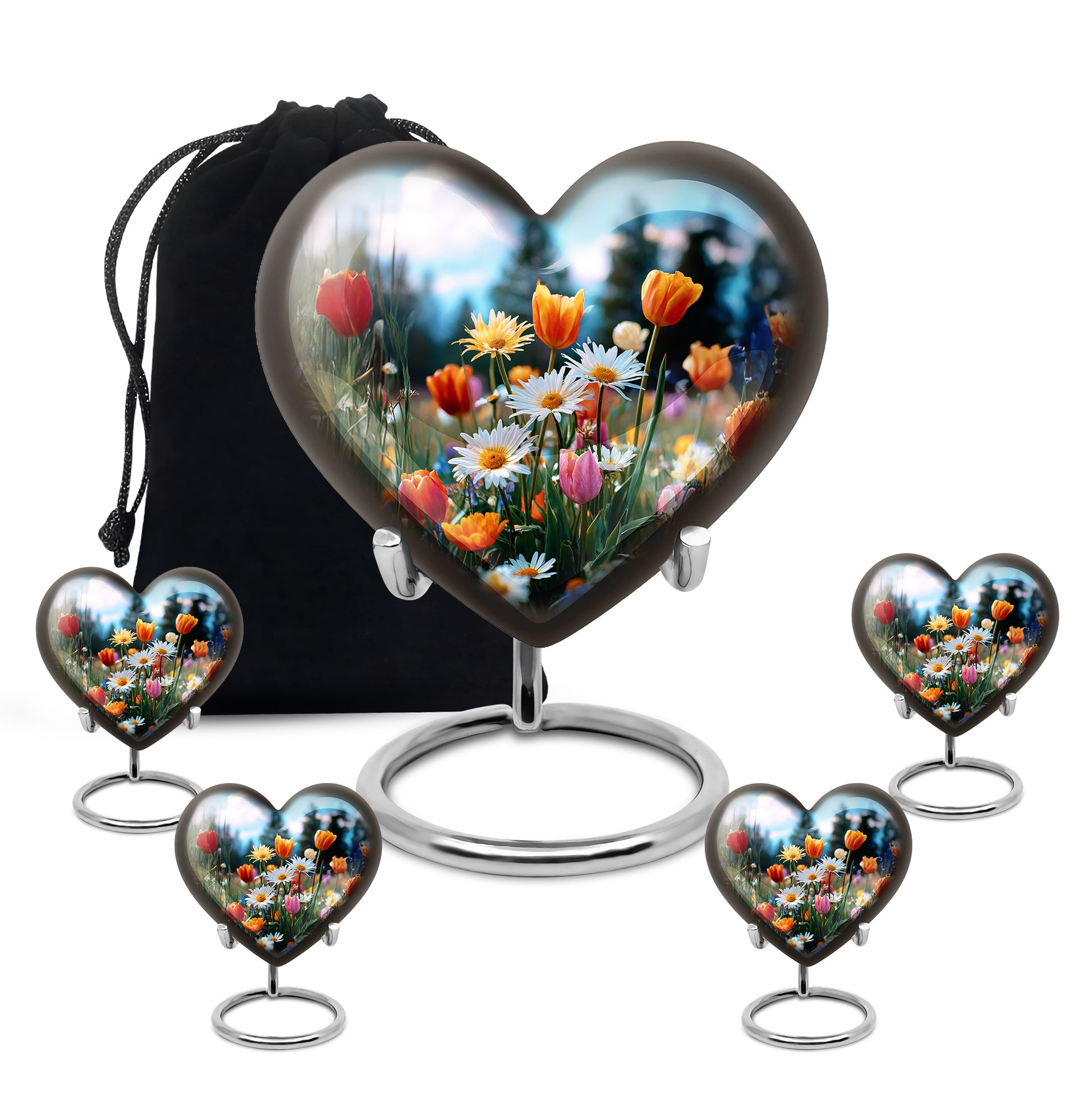 Serene Blue Garden Tulip Cremation Urn close-up of engraving and surface detail - romantic heart urn with garden tulip motif on aluminum - memorial set with one large and four small urns