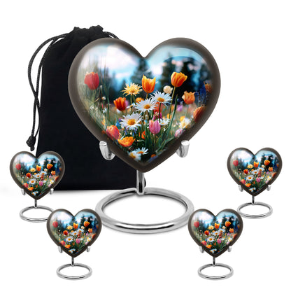 Serene Blue Garden Tulip Cremation Urn close-up of engraving and surface detail - romantic heart urn with garden tulip motif on aluminum - memorial set with one large and four small urns