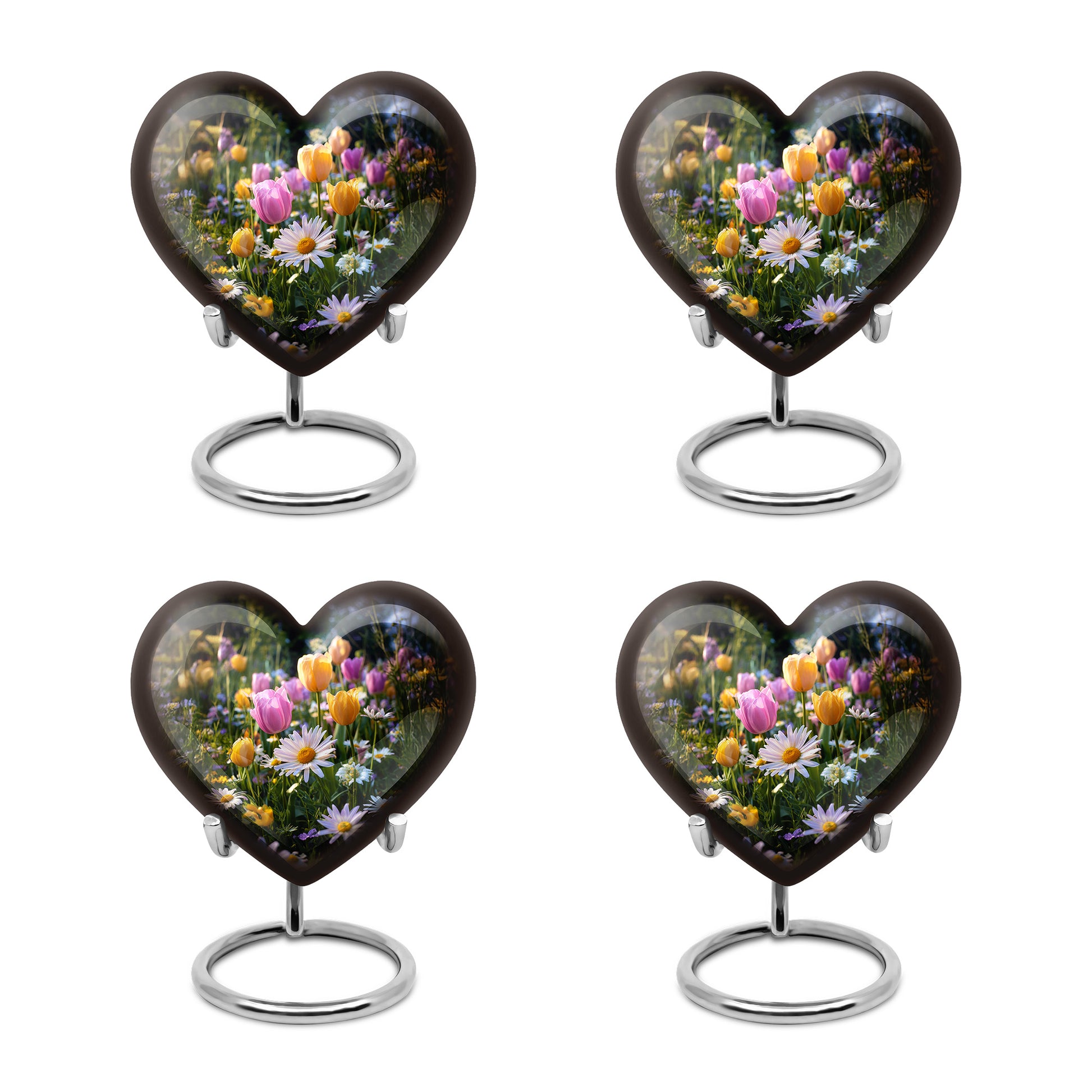 Onyx Black Garden Tulip Cremation Urn angled view of lid and engraved motif - compassionate heart-garden tulip combination with gentle curves - 10 inch aluminum urn for cremated remains