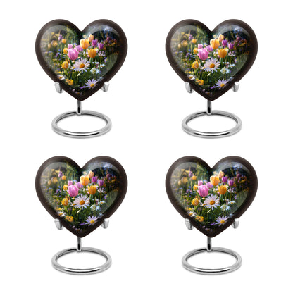 Onyx Black Garden Tulip Cremation Urn angled view of lid and engraved motif - compassionate heart-garden tulip combination with gentle curves - 10 inch aluminum urn for cremated remains