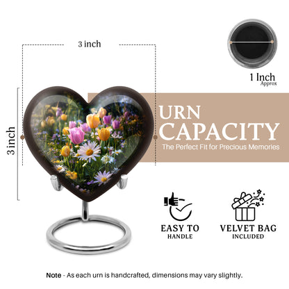 Onyx Black Garden Tulip Cremation Urn front view showing detailed design - romantic heart urn with garden tulip motif on aluminum - mini keepsake memorial for portion of cremation ashes