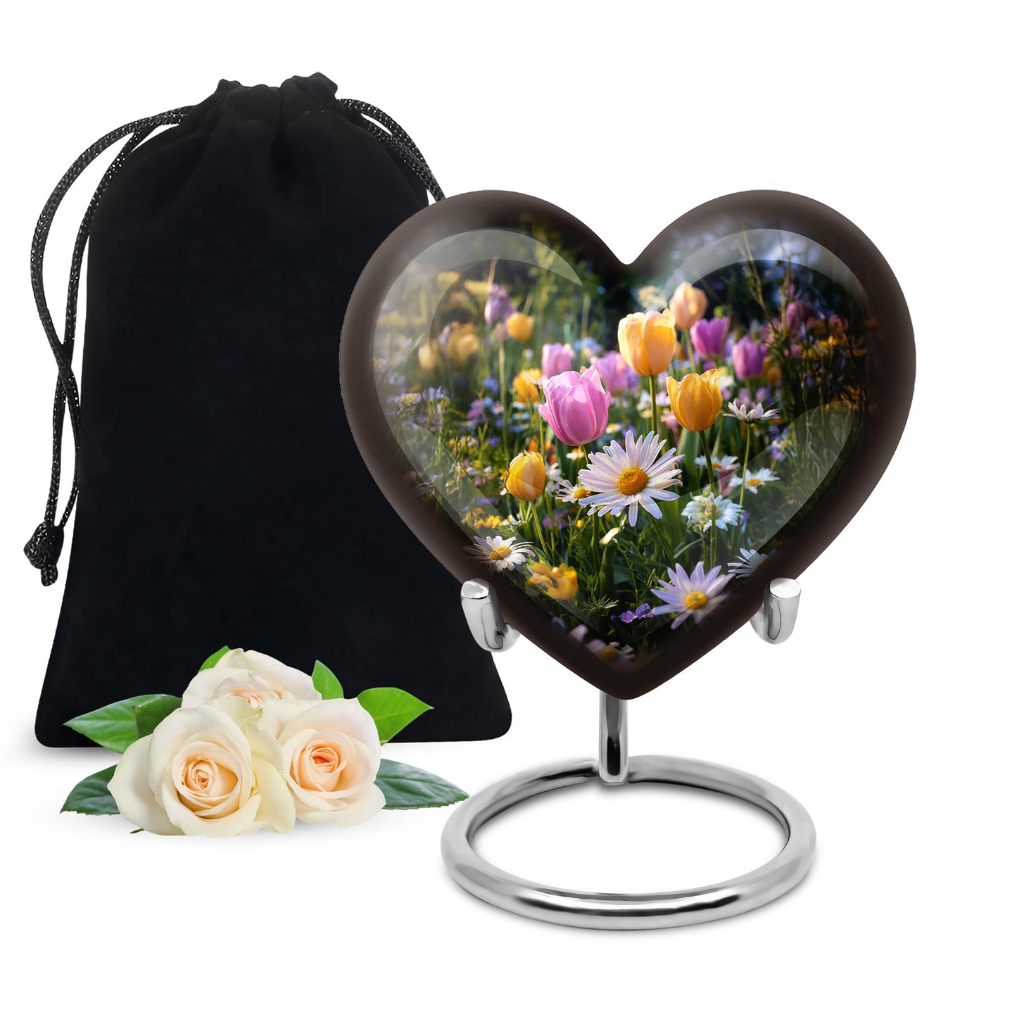 Midnight Black Garden Tulip Cremation Urn detail view - romantic heart urn with garden tulip motif on aluminum - full-size 10 inch 200 cubic inch adult cremation urn