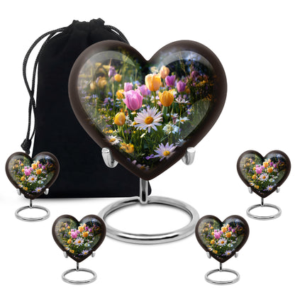 Charcoal Black Garden Tulip Cremation Urn close-up of engraving and surface detail - compassionate heart-garden tulip combination with gentle curves - memorial set with one large and four small urns