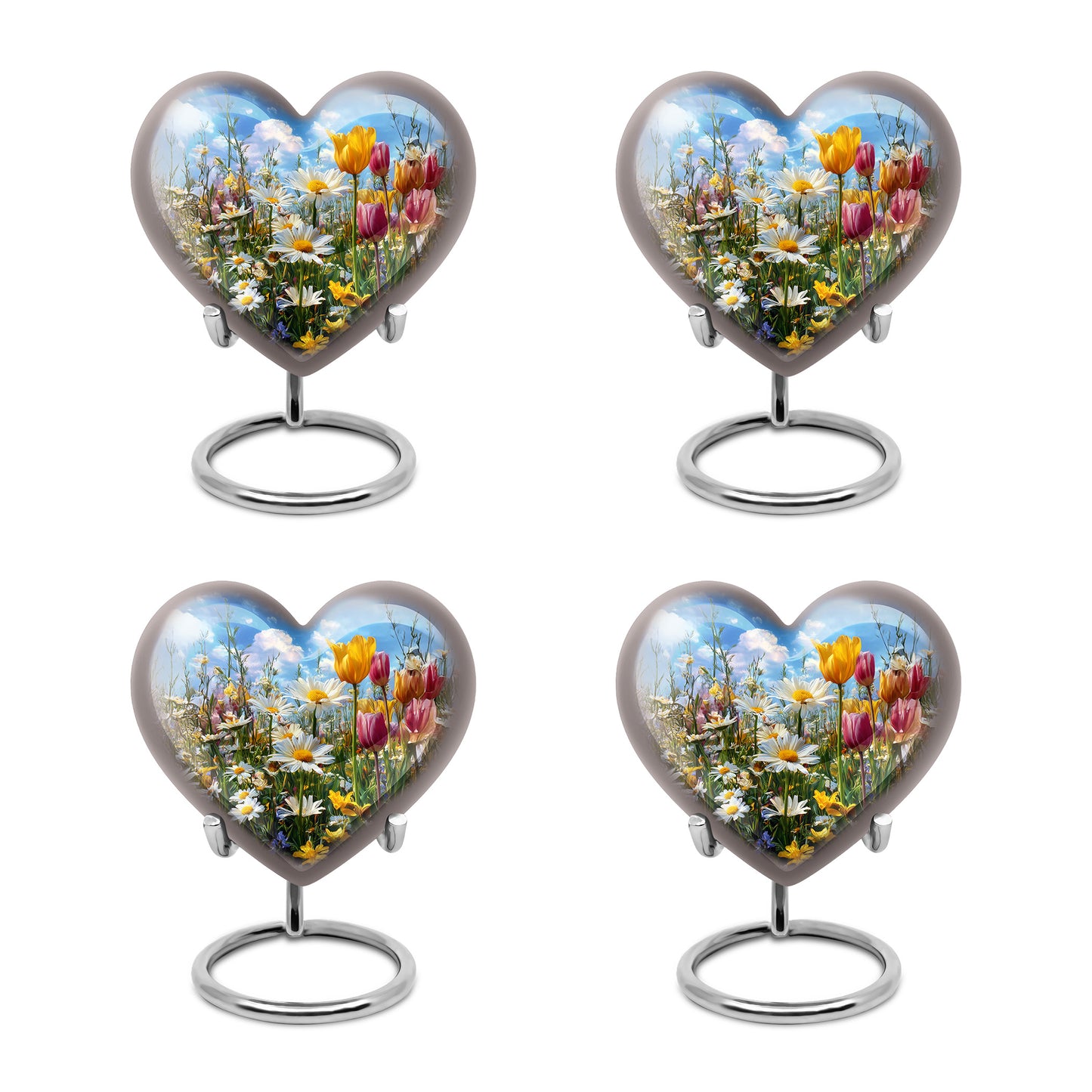 Azure Garden Tulip Cremation Urn angled view of lid and engraved motif - loving heart memorial featuring garden tulip pattern - 10 inch aluminum urn for cremated remains
