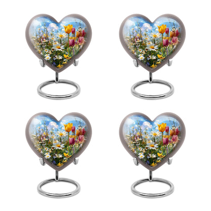 Azure Garden Tulip Cremation Urn angled view of lid and engraved motif - loving heart memorial featuring garden tulip pattern - 10 inch aluminum urn for cremated remains