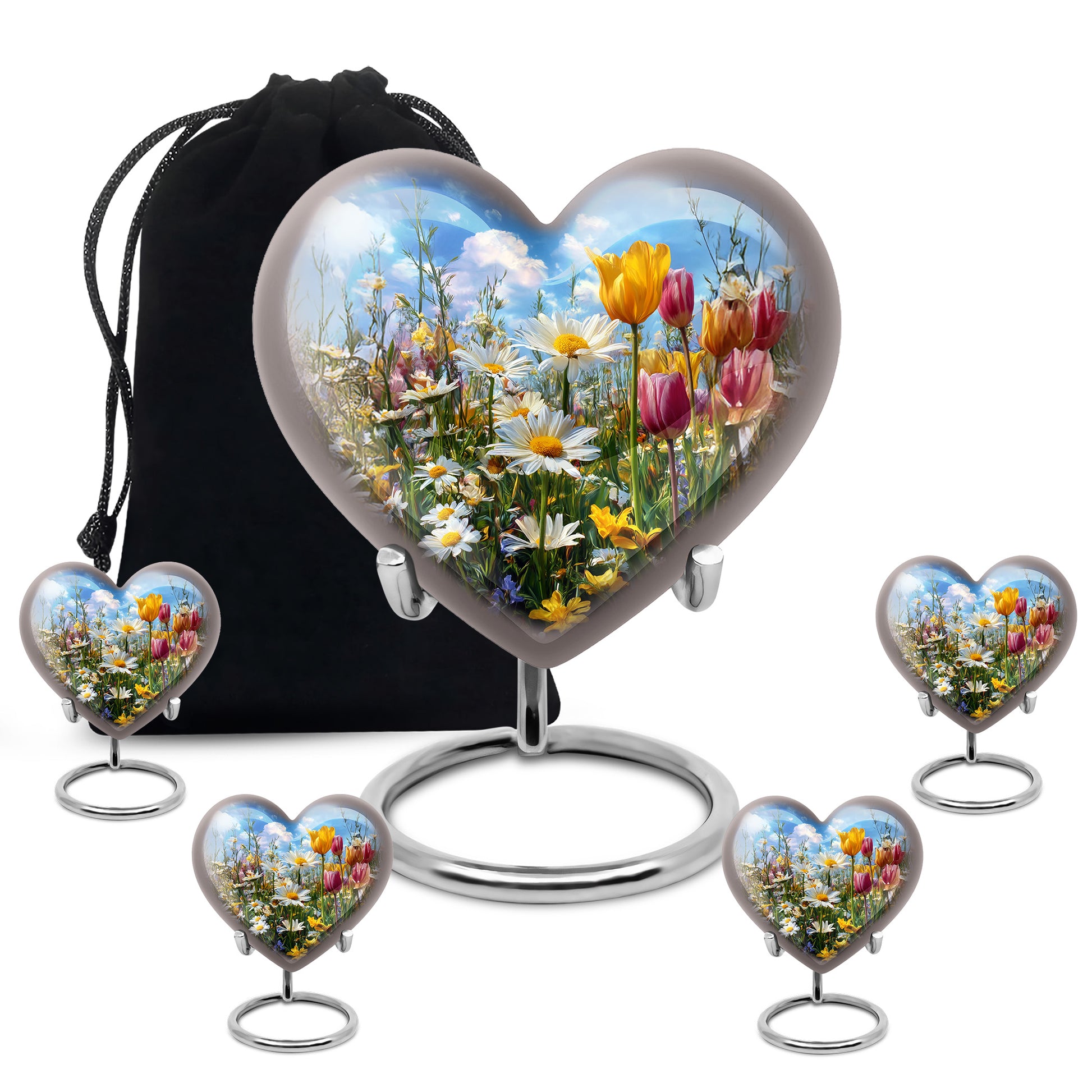 Steel Blue Garden Tulip Cremation Urn close-up of engraving and surface detail - compassionate heart-garden tulip combination with gentle curves - memorial set with one large and four small urns