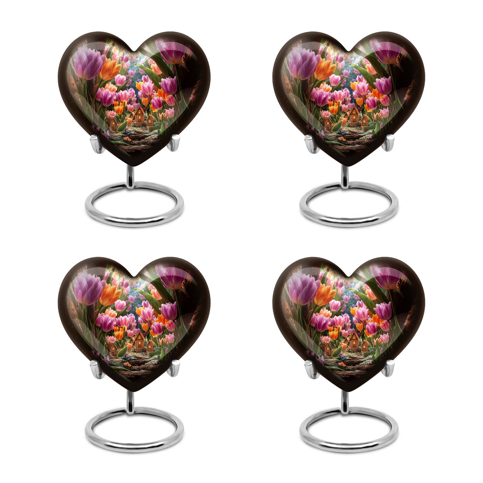 Matte Gold Garden Tulip Cremation Urn angled view of lid and engraved motif - compassionate heart-garden tulip combination with gentle curves - 10 inch aluminum urn for cremated remains